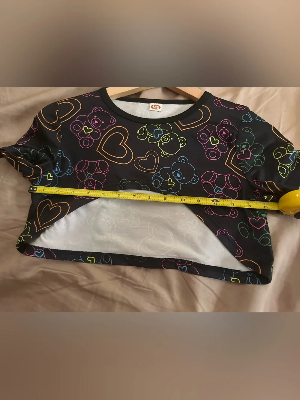 Black Neon Heart & Teddy Bear Print Matching 2pc Cropped Top & Pants Tween Set